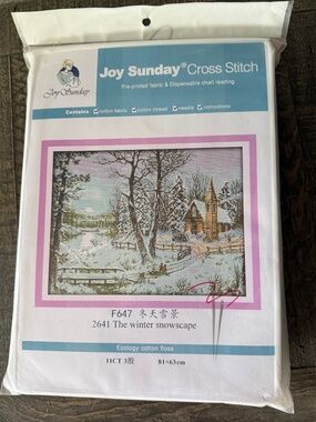 Winter Snowscape Joy Sunday Pre-Printed Cross Stitch Kit 11ct Aida - NEW